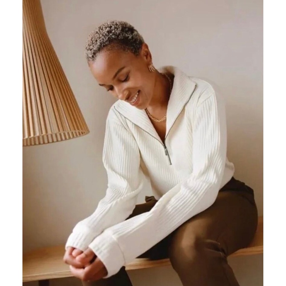 ADAY Like A Hug Pullover Women Medium Cream Ribbed Quarter Zip Mock Neck Cotton